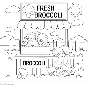 Coloring page depicting broccoli at a busy market stall.
