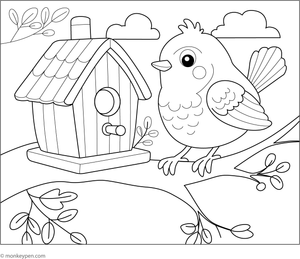 Robin sitting on a wooden birdhouse waiting to be coloured by kids.
