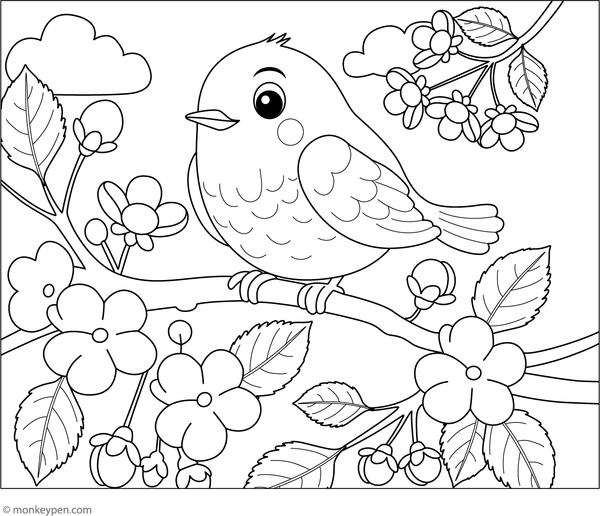 Spring robin sitting among blooming flowers and fresh leaves.
