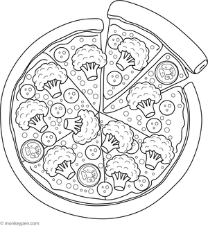 Coloring page of a pizza slice topped with small broccoli florets.
