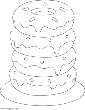 Stack of assorted donuts with colorful icing and sprinkles on a plate, ready to be colored.
