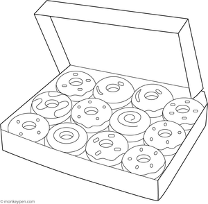 Box of assorted donuts with various toppings, designed for children to color.
