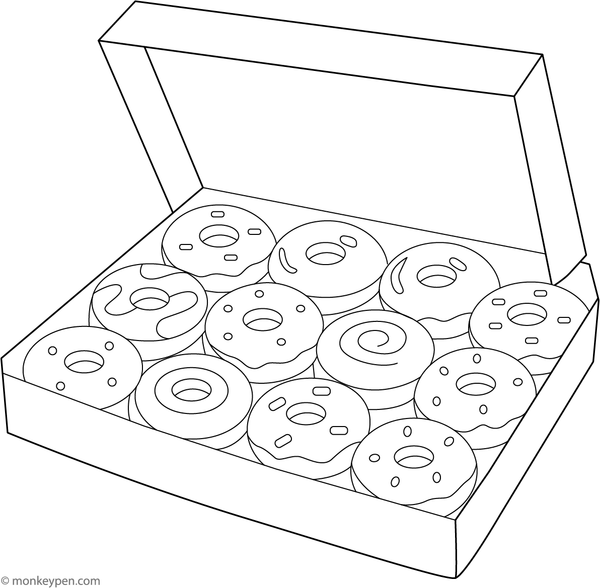 Box of assorted donuts with various toppings, designed for children to color.
