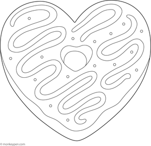 Heart-shaped donut with swirling icing and sprinkles, ready for coloring.
