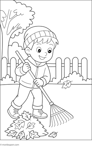 A printable coloring page depicting children raking fallen leaves, suitable for autumn-themed activities.  
