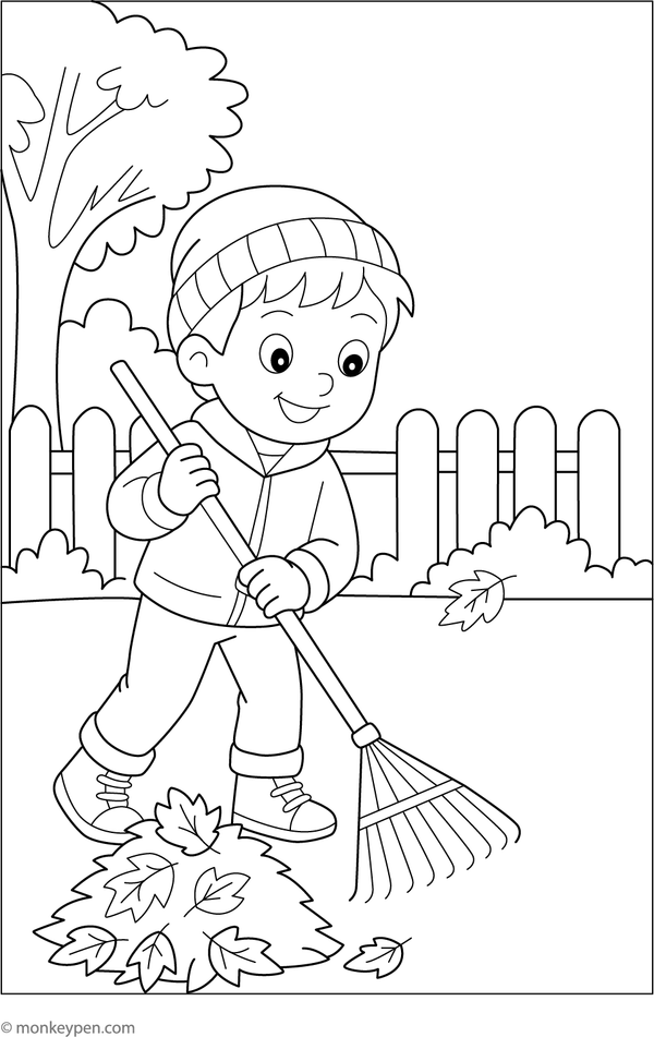 A printable coloring page depicting children raking fallen leaves, suitable for autumn-themed activities.  
