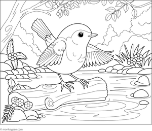 Robin standing near a peaceful pond with reeds and water ripples.
