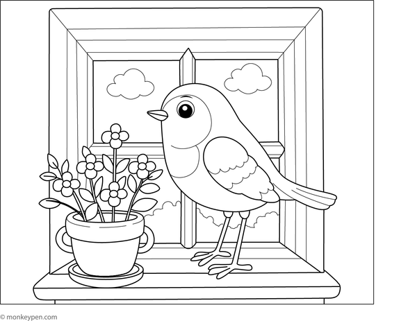Robin sitting on a window sill looking into a cosy room.
