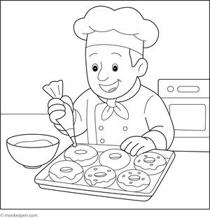 Chef in a kitchen preparing donuts, with baking tools and ingredients, ready to be colored.
