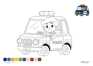 Free downloadable police car color-by-number PDF for kids featuring a flashing-light vehicle; a fun activity that supports number recognition and creativity through guided coloring.