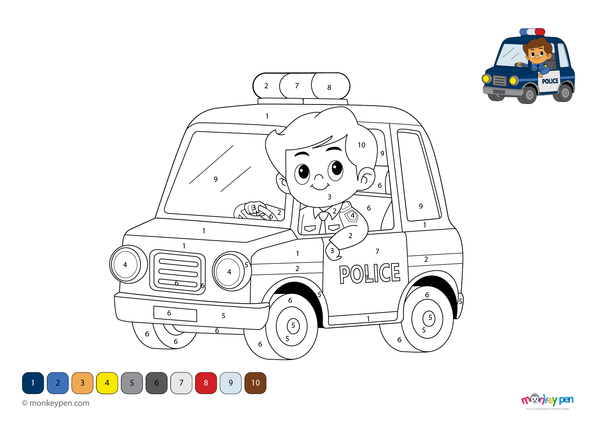 Free downloadable police car color-by-number PDF for kids featuring a flashing-light vehicle; a fun activity that supports number recognition and creativity through guided coloring.