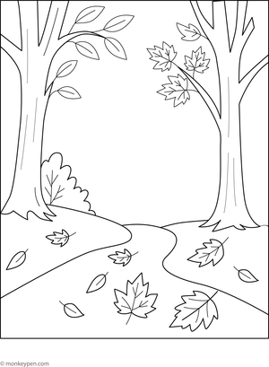 A peaceful coloring page of a forest path lined with falling leaves, designed for children to download and color.  
