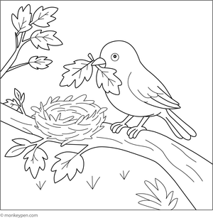 Printable coloring page featuring a bird carrying a leaf to its nest, available for free download and coloring.

