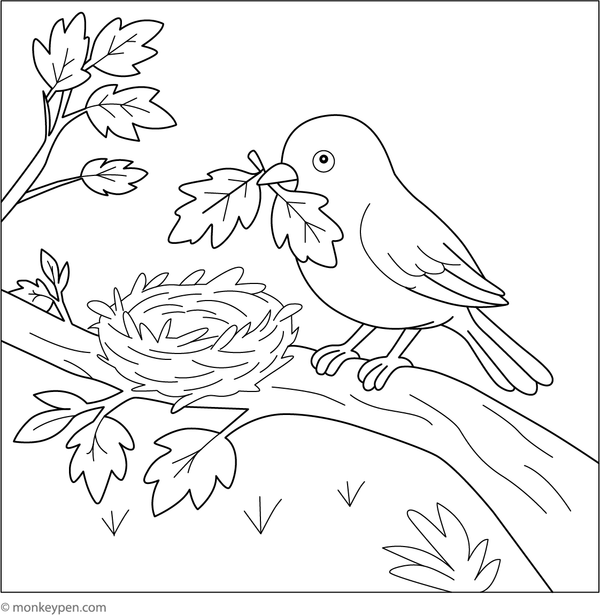Printable coloring page featuring a bird carrying a leaf to its nest, available for free download and coloring.
