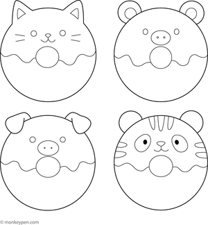 Donuts designed to look like animals, such as a bear and a bunny, prepared for colouring.

