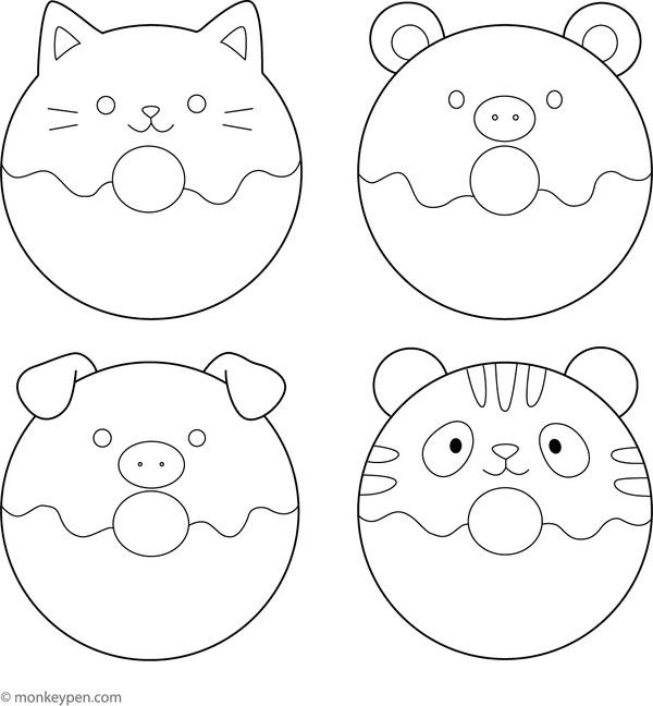 Donuts designed to look like animals, such as a bear and a bunny, prepared for colouring.
