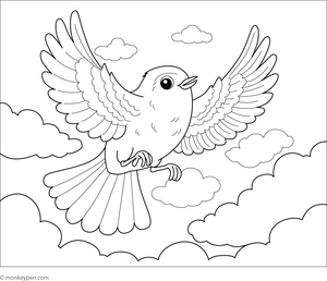 Robin flying high in the sky with wings spread wide.
