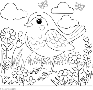 Robin standing in a meadow filled with grass and wildflowers.
