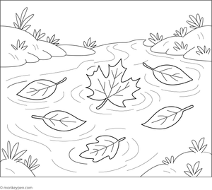 A peaceful scene of soft leaves drifting along a calm stream, designed as a relaxing coloring activity for children; available for free download and printing.
