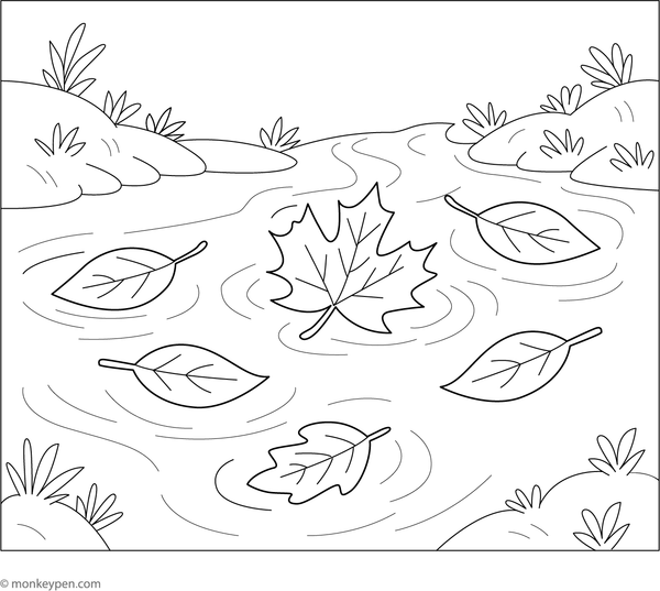 A peaceful scene of soft leaves drifting along a calm stream, designed as a relaxing coloring activity for children; available for free download and printing.
