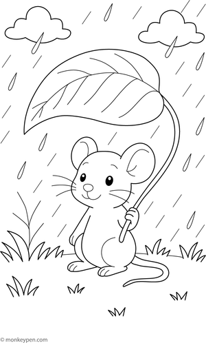 A charming coloring page showing a small mouse resting under a large leaf acting as an umbrella.
