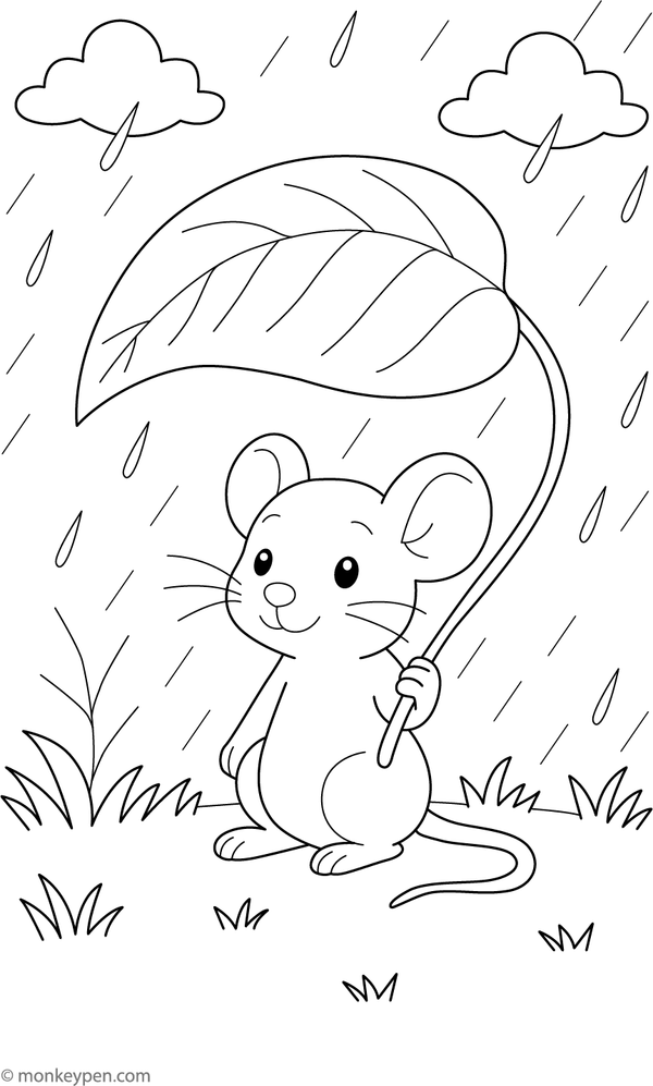 A charming coloring page showing a small mouse resting under a large leaf acting as an umbrella.

