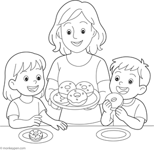 A cute colouring page of happy children sharing and eating donuts, with simple outlines perfect for kids to download and colour.

