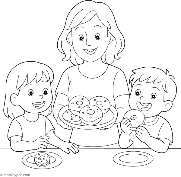 A cute colouring page of happy children sharing and eating donuts, with simple outlines perfect for kids to download and colour.

