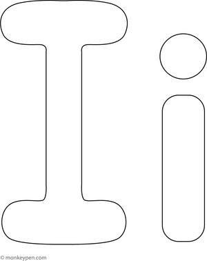  Printable coloring page featuring a large bubble-style letter I with bold outlines for children to color and decorate.  
