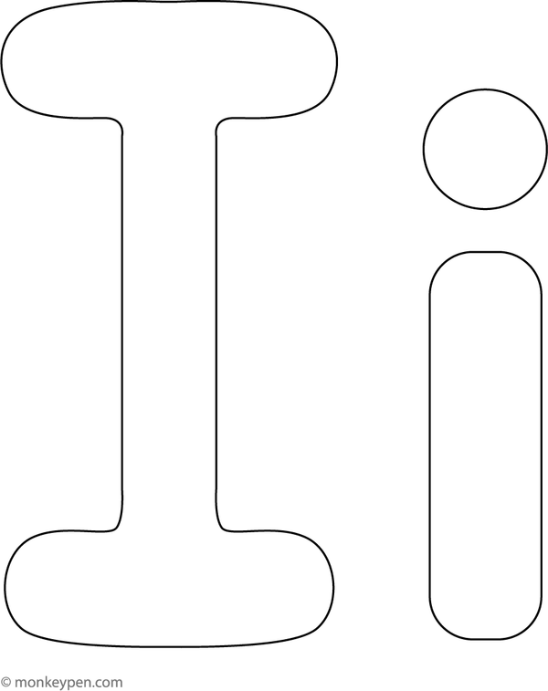  Printable coloring page featuring a large bubble-style letter I with bold outlines for children to color and decorate.  
