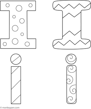  Printable coloring page displaying the letter I in various creative fonts for children to color.  

