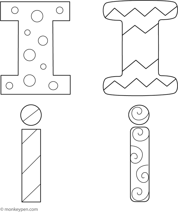  Printable coloring page displaying the letter I in various creative fonts for children to color.  
