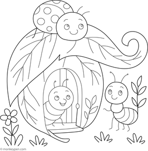 A whimsical coloring page depicting a leaf-shaped house inhabited by tiny bugs, ready to be printed.
