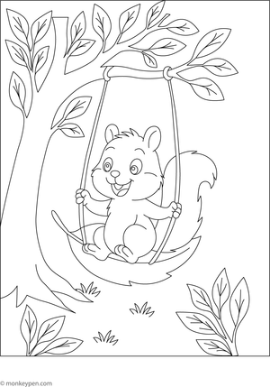 A charming coloring page featuring a large leaf used as a swing attached to a tree branch, with a joyful child or squirrel enjoying the ride.
