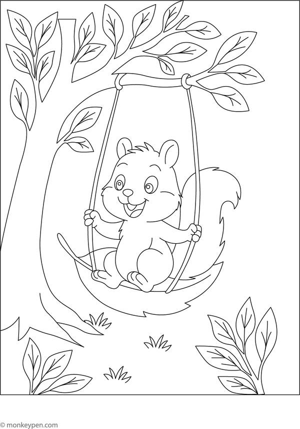 A charming coloring page featuring a large leaf used as a swing attached to a tree branch, with a joyful child or squirrel enjoying the ride.
