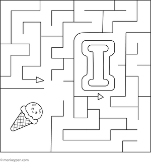  Printable maze activity shaped like the letter I, guiding children from start to finish through the shape of the letter.