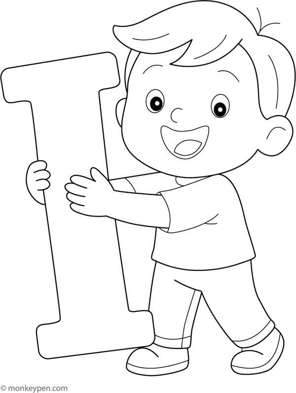  Printable coloring page of a happy child holding a large letter I, smiling and ready to color.