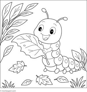 A cheerful caterpillar munching on a large leaf, presented as a fun coloring page for children to print and enjoy.
