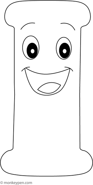 Printable coloring page featuring a cartoon-style letter I with cheerful eyes and a smile, suitable for children to color.
