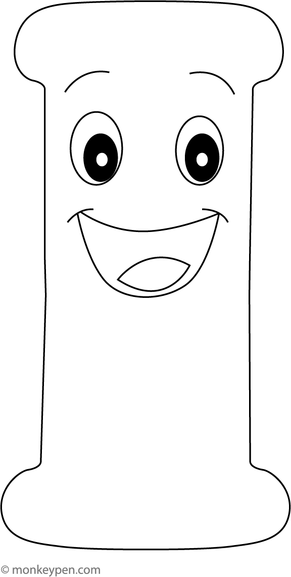 Printable coloring page featuring a cartoon-style letter I with cheerful eyes and a smile, suitable for children to color.
