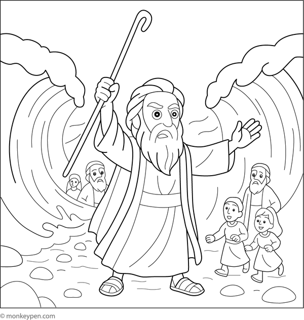  Printable coloring page of Moses parting the Red Sea, illustrating waves splitting as the Israelites cross safely.  
