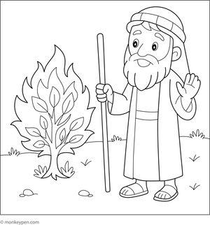  Free printable coloring page of Moses standing before the burning bush, listening to God’s voice.  
