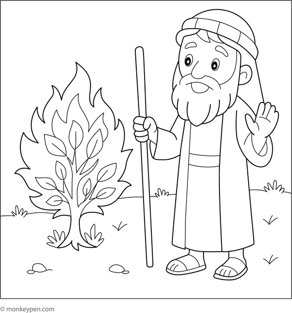  Free printable coloring page of Moses standing before the burning bush, listening to God’s voice.  
