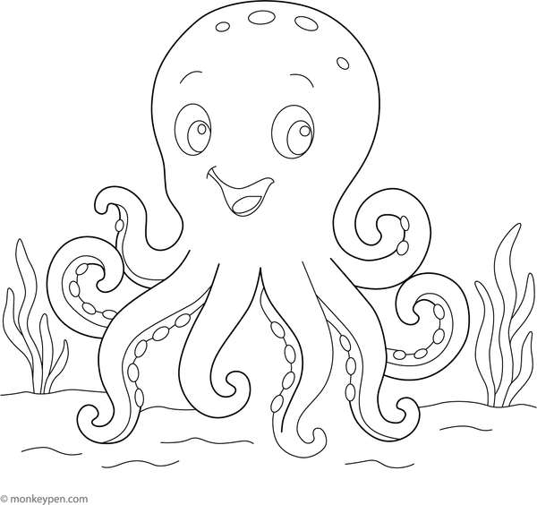 A friendly octopus surrounded by small seahorses in a downloadable coloring page designed for children.