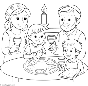  Printable coloring page of a family gathered around a Passover table, sharing food and blessings. 