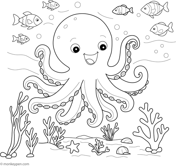  An octopus amidst a lively school of fish, featured in a children’s printable coloring sheet.