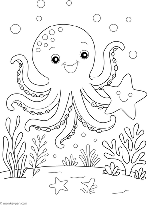  A gentle octopus resting near starfish in a relaxing underwater coloring page for children.