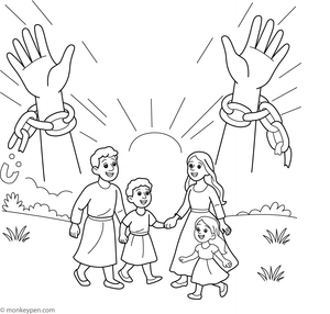 Printable coloring page illustrating Israelites celebrating their liberation from slavery in Egypt, guided by God.