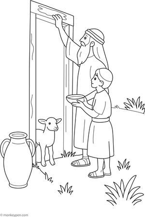 Coloring page of an Israelite doorway marked with lamb’s blood during Passover night from the story of Exodus.