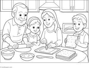  Printable coloring page of families baking matzo bread together during Passover, highlighting a joyful tradition.

